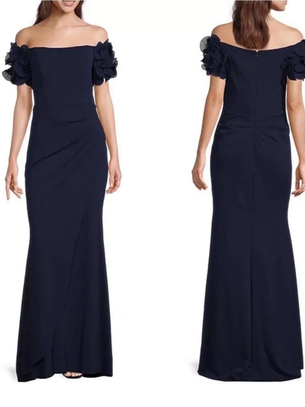 Xscape Navy Blue Rosette Off-the-Shoulder Short Sleeve Ruffle Gown